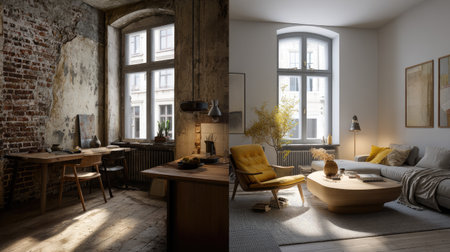 A striking juxtaposition of rustic charm and modern elegance in interior design. The image showcases unique styles, textures, and atmospheres, perfect for inspiration.の素材