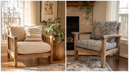 Discover a pair of stylish wooden armchairs with plush cushions, perfect for enhancing modern living spaces. Their inviting design adds warmth and elegance.の素材