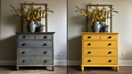 Discover the charm of two vintage dressers, one gray and one yellow, displayed with a beautiful floral arrangement, perfect for home decor inspiration.の素材