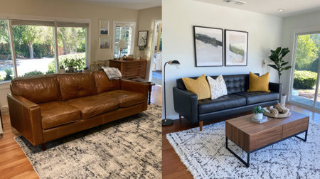 A stylish living room featuring a cozy leather sofa and modern decor offers a warm and inviting atmosphere. Bright natural light enhances the space.の素材