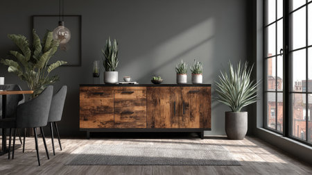 A beautifully designed living room featuring a wooden sideboard, decorative indoor plants, and ample natural light. This modern space invites relaxation and comfort.の素材