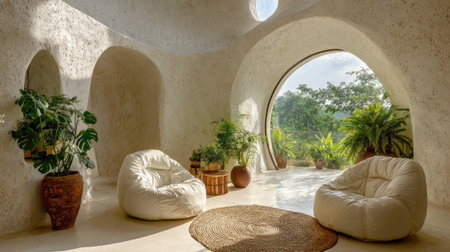 This cozy living space features a serene atmosphere with natural light flooding in through a large circular window, complemented by lush greenery and comfortable seating.の素材
