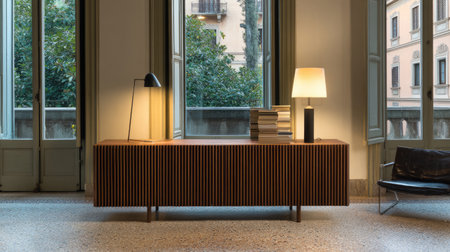A stylish modern wood sideboard adorned with a lamp and books enhances a bright and elegant interior space, featuring large windows and minimal decor.の素材