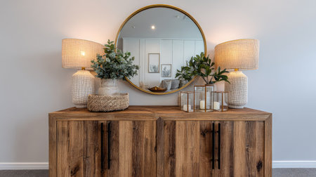 A beautifully styled wooden sideboard featuring decorative plants, elegant lamps, and a round mirror, enhancing contemporary home decor in a cozy setting.の素材