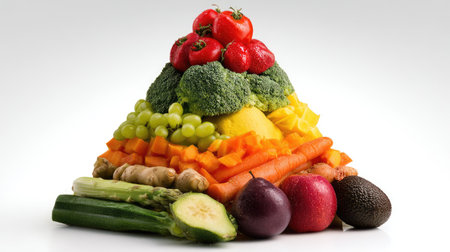 An artistic display of a pyramid made from fresh fruits and vegetables. This vibrant arrangement showcases the diversity and colors of healthy produce, emphasizing nutrition and wellness.の素材