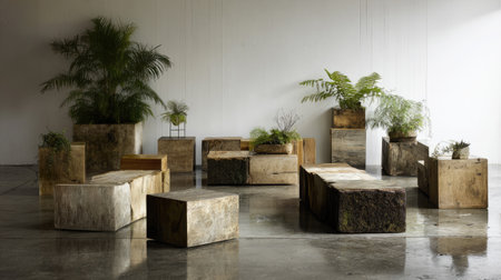 Explore a modern arrangement of natural wood planters filled with vibrant greenery. This minimalist indoor space emphasizes a blend of nature and design, creating a serene environment.の素材