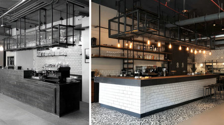 Explore a sleek coffee shop interior featuring a modern design with industrial elements and warm lighting, creating a cozy and inviting atmosphere for customers.の素材