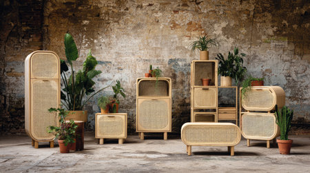 A chic arrangement of rattan furniture paired with vibrant indoor plants in a vintage setting. Ideal for inspiring home decor ideas and modern aesthetics.の素材