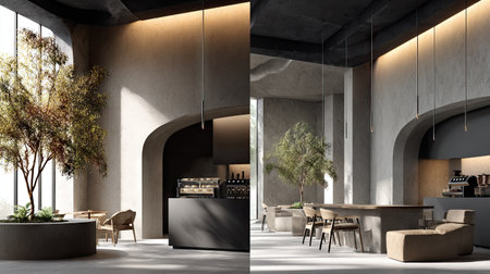 A modern minimalist cafe interior featuring natural elements and soft lighting. The serene atmosphere invites relaxation, making it ideal for social gatherings.の素材