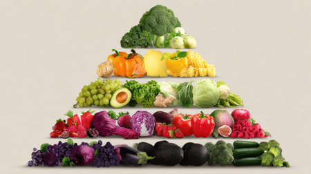 A vibrant and colorful food pyramid showcasing a variety of fresh vegetables and fruits, promoting a healthy lifestyle and balanced nutrition. Perfect visual representation for dietary education.の素材