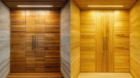 This image showcases a modern wooden door design featuring sleek handles. The warm wood textures and minimalist aesthetic create an inviting and elegant interior space.の素材