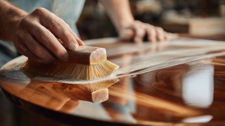 A skilled artisan applies a glossy finish to a beautiful wooden surface. This image captures the intricate process of woodworking, showcasing attention to detail and craftsmanship.の素材