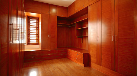 This image showcases a stylish wooden closet featuring ample storage space and a modern clean design, ideal for an organized and inviting home environment.の素材