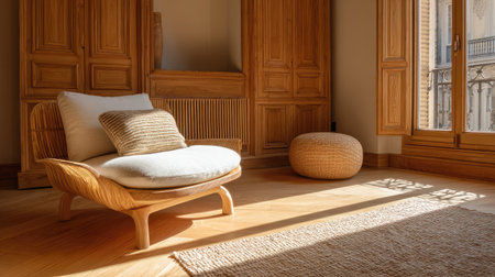 A serene and stylish minimalist living space featuring a cozy wooden chair, soft cushion, and natural light streaming through large windows.の素材