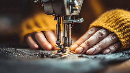 A detailed close-up of a sewing machine in use. Hands guide the fabric as the needle moves, showcasing the artistry of sewing and crafting.の素材