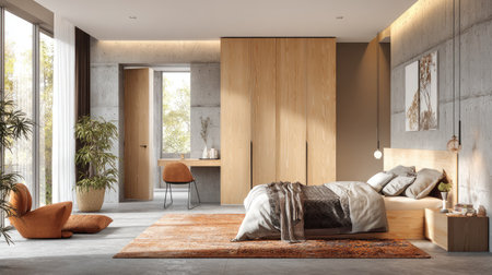 A serene and modern minimalist bedroom featuring warm earthy tones, natural light, and stylish decor. Ideal for relaxation and comfort in a cozy atmosphere.の素材