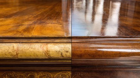 A striking comparison of polished wooden surfaces showcasing intricate details, rich colors, and reflective qualities. Perfect for design inspiration.の素材