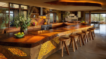 Features a modern kitchen with a unique wooden bar, stylish seating, and natural decor. Perfect blend of comfort and elegance, ideal for gatherings.の素材