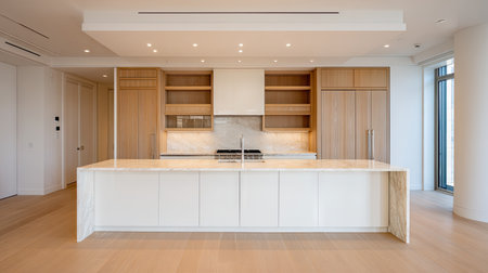 Bright and spacious modern kitchen featuring marble countertop and warm wood cabinets, perfect for cooking and entertaining in an elegant home setting.の素材