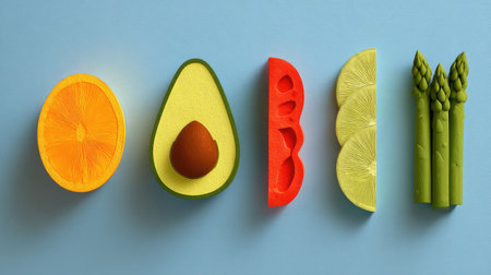 This image showcases a vibrant assortment of fresh fruits and vegetables, including orange, avocado, red pepper, lime, and asparagus, beautifully arranged on a blue background.の素材