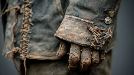This close-up image features a worn vintage jacket with frayed edges, showcasing the rich texture and historical character of rugged fabrics in fashion.の素材