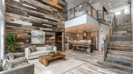 Discover a cozy modern living area featuring rustic wooden accents, stylish furniture, and ample natural light. Perfect for relaxation and gatherings.の素材