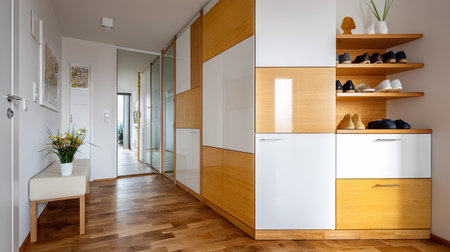 A modern hallway featuring elegant wood finishes, minimalist decor, and organized storage solutions. This space combines style and functionality beautifully.の素材