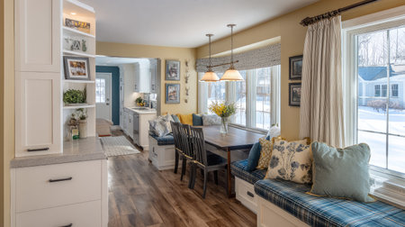 Bright and airy kitchen nook featuring a cozy table, inviting chairs, and beautiful decor. Ideal for family meals and gatherings, complemented by natural light.の素材