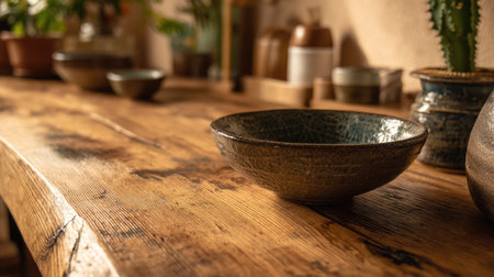 A beautifully styled rustic wooden table featuring ceramic bowls captures a serene and inviting atmosphere, perfect for home decor or culinary settings.の素材