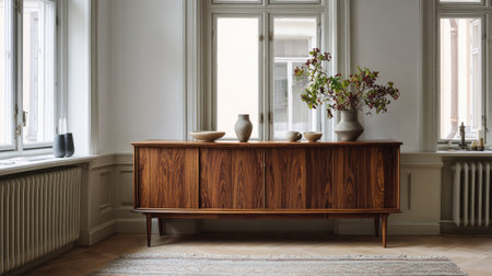 A beautifully crafted wooden sideboard enhances a minimalist interior, filled with natural light and stylish decor, creating a warm and inviting atmosphere.の素材