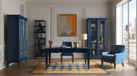 Discover a stylish and modern home office featuring elegant blue decor, organized shelves, and an inviting atmosphere perfect for productivity and creativity.の素材