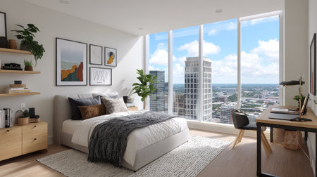 A contemporary bedroom showcasing a stunning urban skyline, featuring stylish decor, a cozy bed, and a workspace bathed in bright natural light.の素材