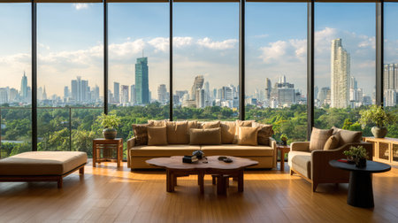 Bright and spacious living room showcasing modern decor with a stunning panoramic view of the city and surrounding greenery, ideal for relaxation and entertaining.の素材