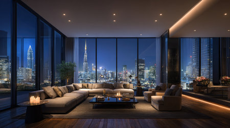 This stunning image showcases a modern luxurious living room with panoramic views of a vibrant city skyline at night, emphasizing comfort and elegance.の素材
