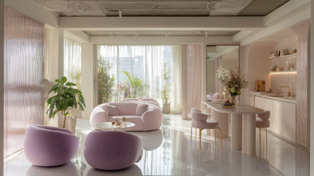 A serene and modern interior showcasing soft pastel colors, natural light, and elegant furnishings that create a warm and inviting living space.の素材
