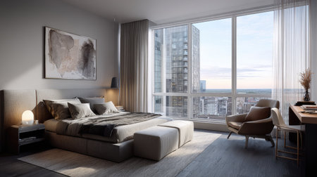 A contemporary bedroom featuring a minimalist design with soft textures and warm tones. Large windows offer a stunning city view, enhancing relaxation and comfort.の素材