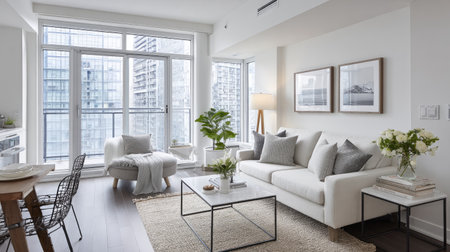 This modern living room features an inviting design with bright natural light flowing through large windows, showcasing a contemporary urban lifestyle.の素材