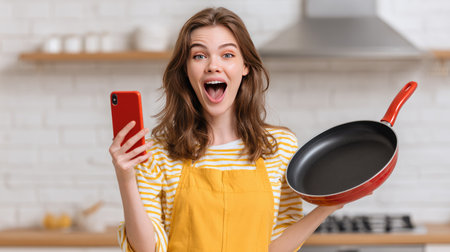 A joyful woman in a bright kitchen showcases her enthusiasm while holding a smartphone and frying pan, perfect for cooking enthusiasts.の素材