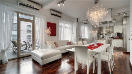This elegant and modern living room showcases stylish white furniture, large windows, and a stunning chandelier, creating a luxurious and cozy ambiance.の素材