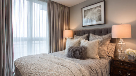 This cozy modern bedroom features elegant decor with soft textiles, warm lighting, and inviting accents. It provides a tranquil atmosphere perfect for relaxation.の素材