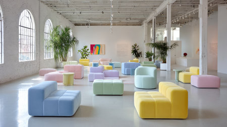 Explore a vibrant and inviting art gallery featuring playful pastel sofas surrounded by lush greenery, creating a perfect blend of comfort and creativity.の素材