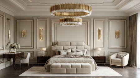 This luxurious modern bedroom features elegant design elements, stylish furniture, and chic lighting, creating a serene and inviting atmosphere for relaxation.の素材