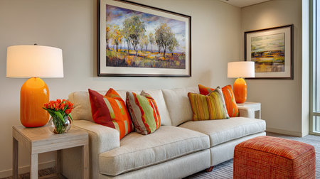 This vibrant living room features a cozy sofa adorned with colorful pillows, stylish lamps, and captivating artwork, creating a warm and inviting atmosphere.の素材