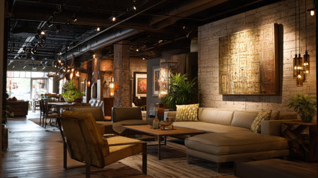 This image showcases a cozy and inviting modern lounge interior featuring stylish furniture, warm lighting, and artistic decor that enhances relaxation.の素材