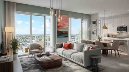 A beautifully designed modern apartment interior features a spacious living room with large windows, allowing natural light to illuminate the stylish decor.の素材