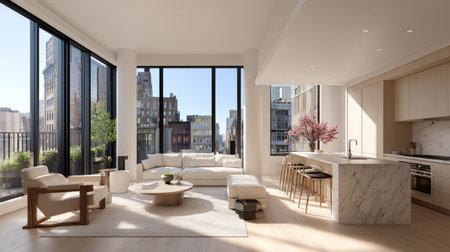 This image showcases a modern living room featuring large windows that fill the space with natural light. The stylish decor and elegant furniture create a cozy and inviting ambiance, perfect for relaxation and entertaining in an upscale urban apartment.の素材