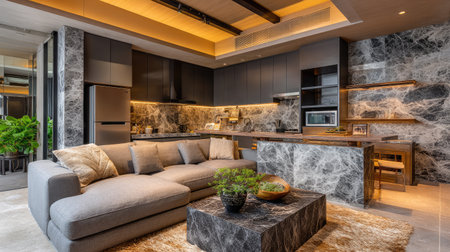 A captivating interior showcasing a modern kitchen and living area with a sleek gray couch, marble features, and warm lighting, creating an inviting atmosphere.の素材