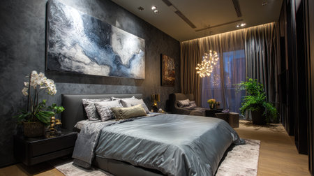 This image showcases a beautifully designed modern bedroom featuring elegant decor, artistic wall art, and a calming color palette. The stylish space highlights comfort and tranquility.の素材