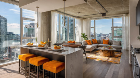 A stunning modern apartment interior featuring a bright living space with city views, stylish orange accents, and natural light throughout, perfect for urban living.の素材