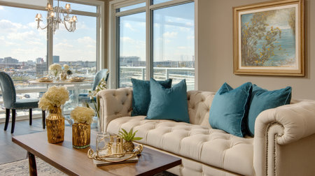 This elegant living room features a stylish sofa adorned with decorative pillows, a chic coffee table, and stunning city views through large windows.の素材